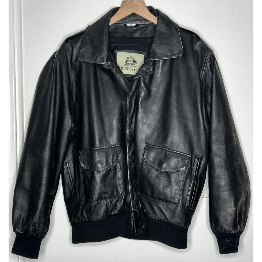 Burks Bay Leather Jacket Lambs Skin Large Black Bomber Biker Collar Pilot Zip